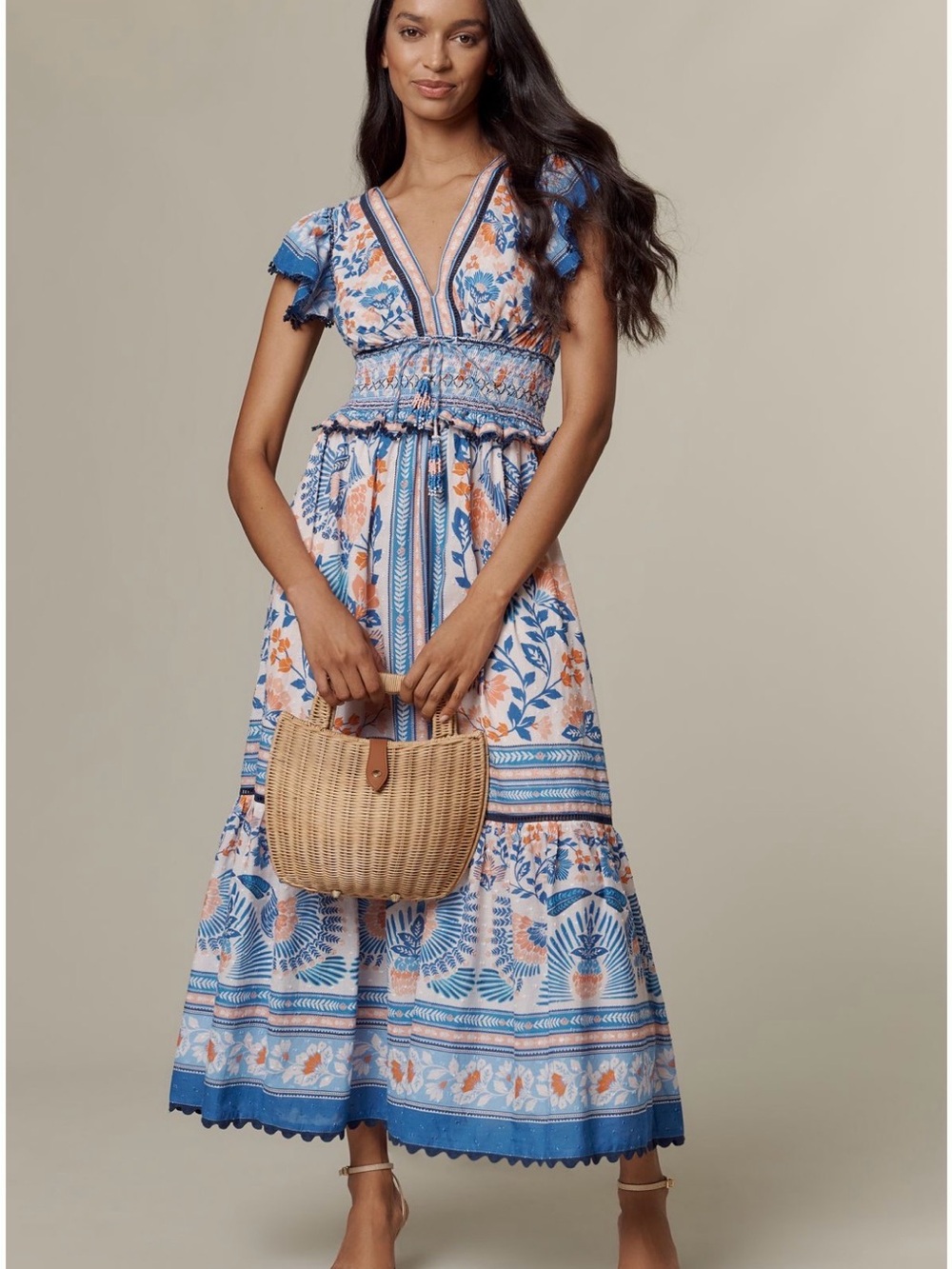 Farm Rio x Anthropologie Ruffle-Sleeve Smocked Maxi Dress